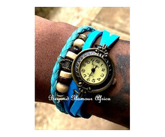 Womens Light blue leather pendant watch