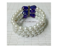 Womens White Pearl Bracelet with blue crystal