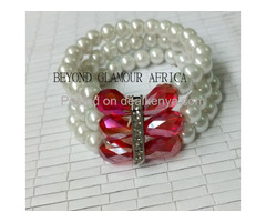Womens White Pearl Bracelet with red crystal - 1