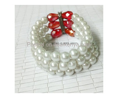 Womens White Pearl Bracelet with red crystal - 2