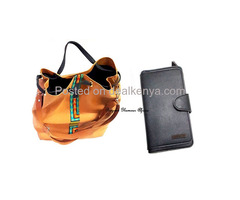 Womens Beige leather ankara handbag with wallet - 1