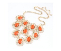 Gold Metal Necklace with Cute Orange Gems Flower Pendant