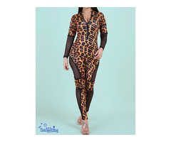 Fashion Zip-up Tight Stretch leopard Jumpsuits - 1