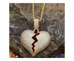 High Quality Luxury Brand Iced Out Micro Pave CZ Stone Broken Heart Necklace With Rope Chain