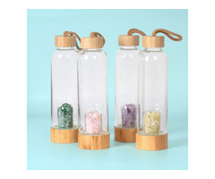 Healing Energy Elixir Natural Quartz Crystal Glass & Bamboo Water Bottles.